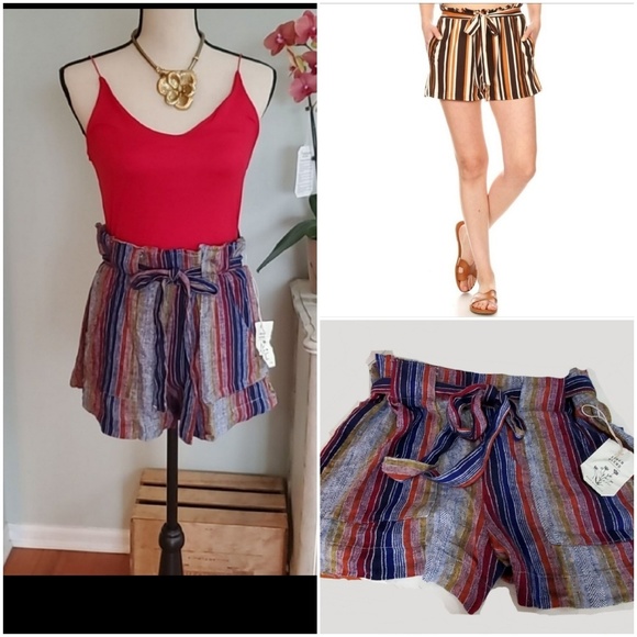 Linen Blend High Waisted Striped Paper Bag Shorts - Picture 4 of 8